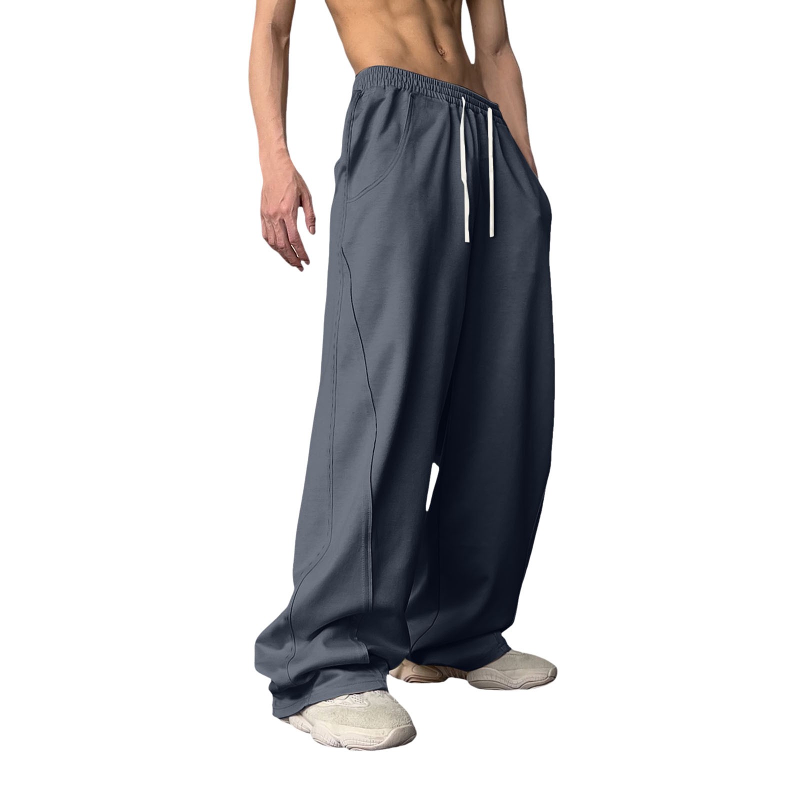 thumbnail image 1 of Pantalones de chándal unisex retro de cintura alta y pierna ancha: pantalones holgados rectos de estilo hiphop, cintura elástica con cordón, tejido de poliéster, 1 of 2